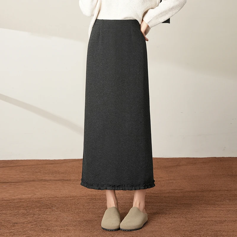 

ature Women's Woolen Ruffle Straight Skirt High Waist Wrap Body Autumn Winter New Faion Long Skirt Commute Sle