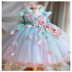 Flower Girl Dresses Cute Light Blue  For Wedding Kids Butterfly Bow Party Girls Pageant Dresses Appliqued Birthday Photoshoot