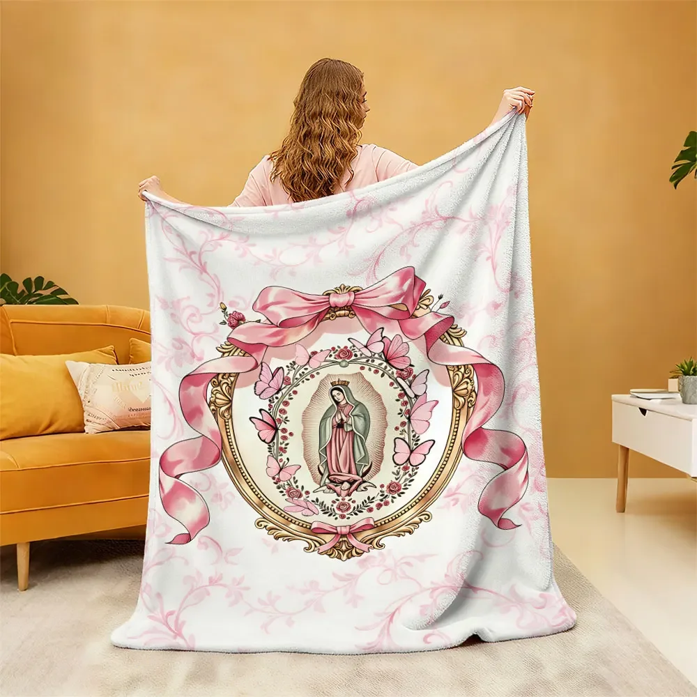 Elegant Religious Icon Pink Floral Embroidered Queen of Heaven Throw Blanket Cozy Home Decor Gift 150x200cm