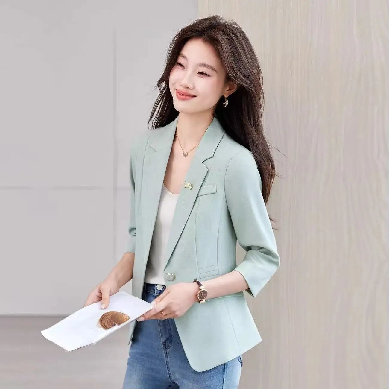 Slim Fit Short Length Seven Sleeve Button up Casual Style Thin New Fashionable Women's  Jacket Spring Summer Polyester ...