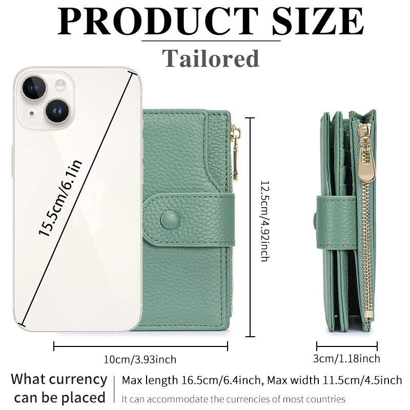 محفظة ثنائية الطي للنساء من الجلد الطبيعي مزودة بتقنية تحديد الهوية بموجات الراديو بسعة كبيرة عمودية مع جيب بسحاب ونافذة لبطاقة الهوية، باللون الأخضر