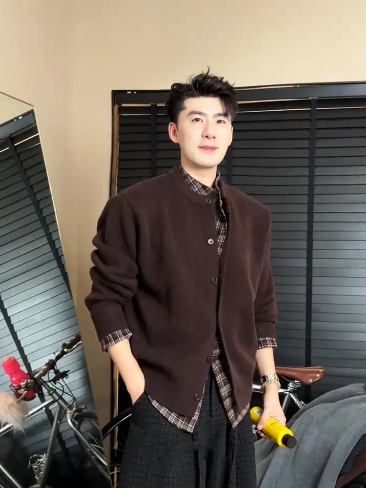 

Men's Knitted Cardigan Plaid Patchwork Collarl Sweater Autumn Winter American Retro Sle Open Front Knitwear Jaet