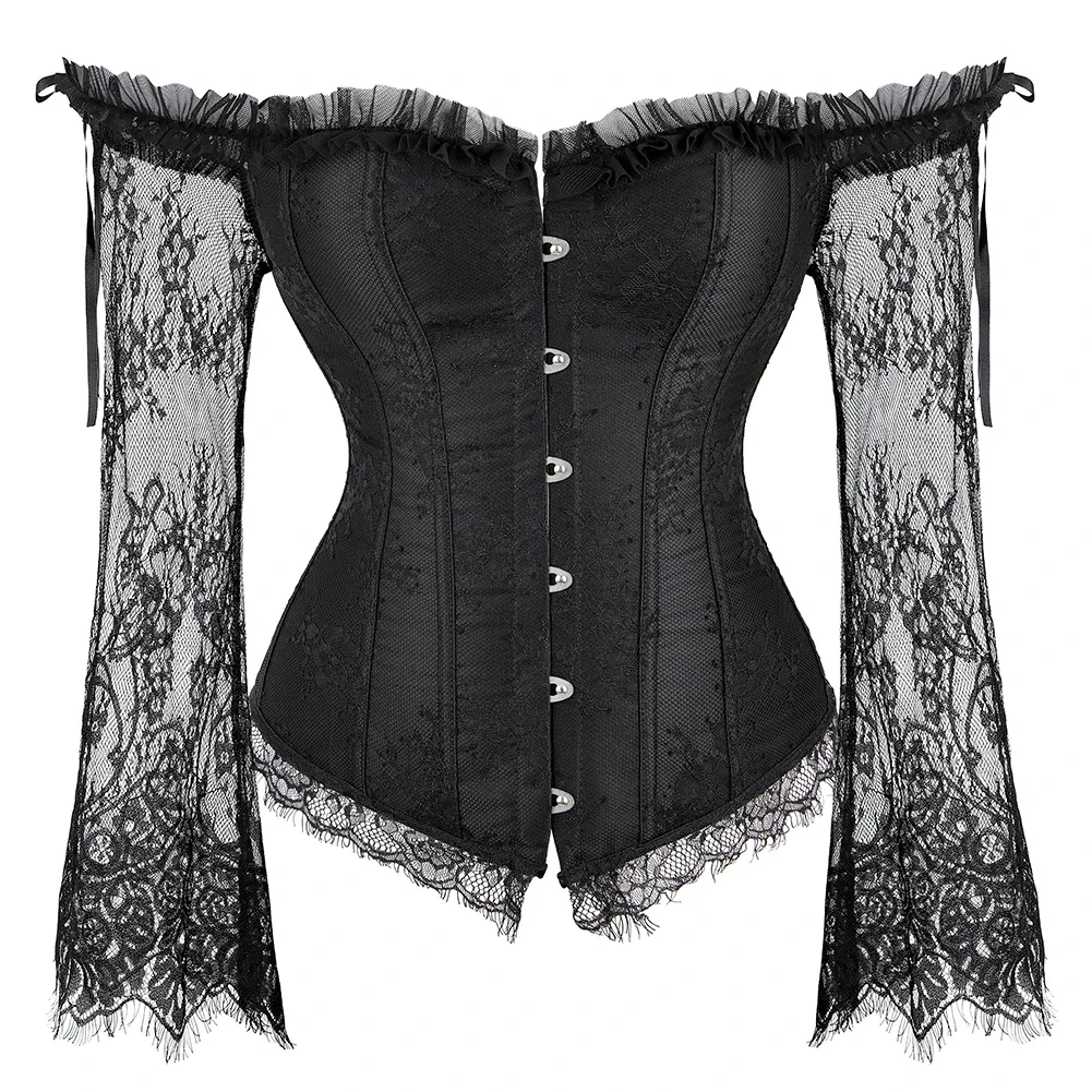 

2025 Lace Long Sleeves Waist Bustier Top Gothic Victorian Overbust Corset Vintage Basques Off Shoulder Cosplay Steampunk Corset