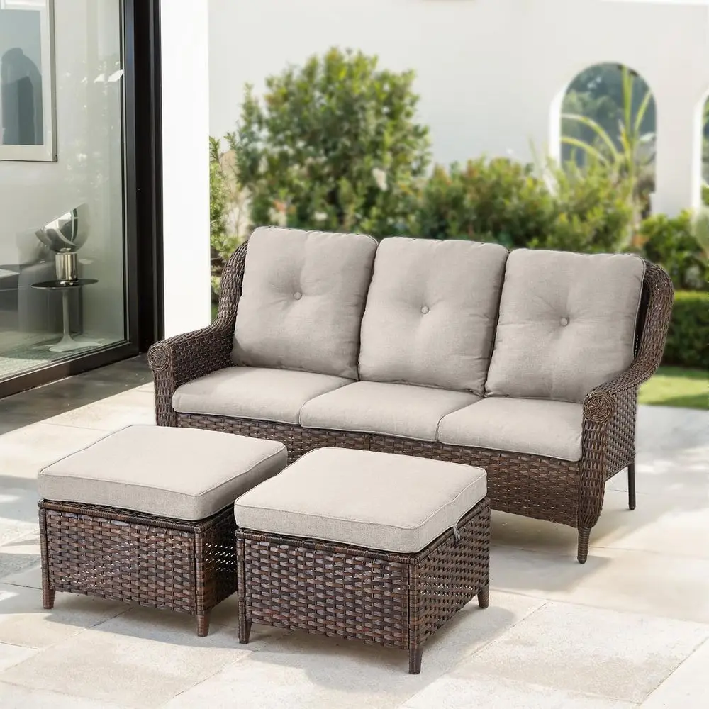 

Patio Furniture Set 3PCS Conversation Set Wicker Sofa with 2 Rattan Ottomans Brown Wicker Beige Cushions Chrysanthemum Armrest R