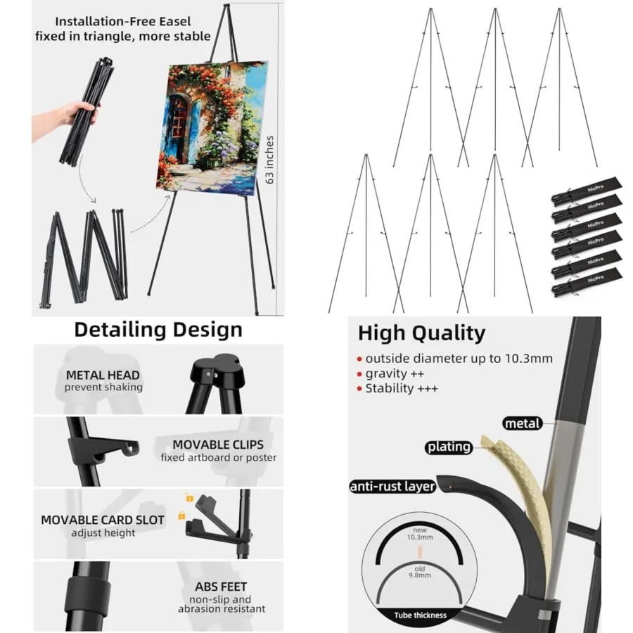 

Art Folding Easels for Display, Pack Inch Metal Floor Easel Stand Bulk Tripod Black Collapsible for Sign Artist Poster Wedding