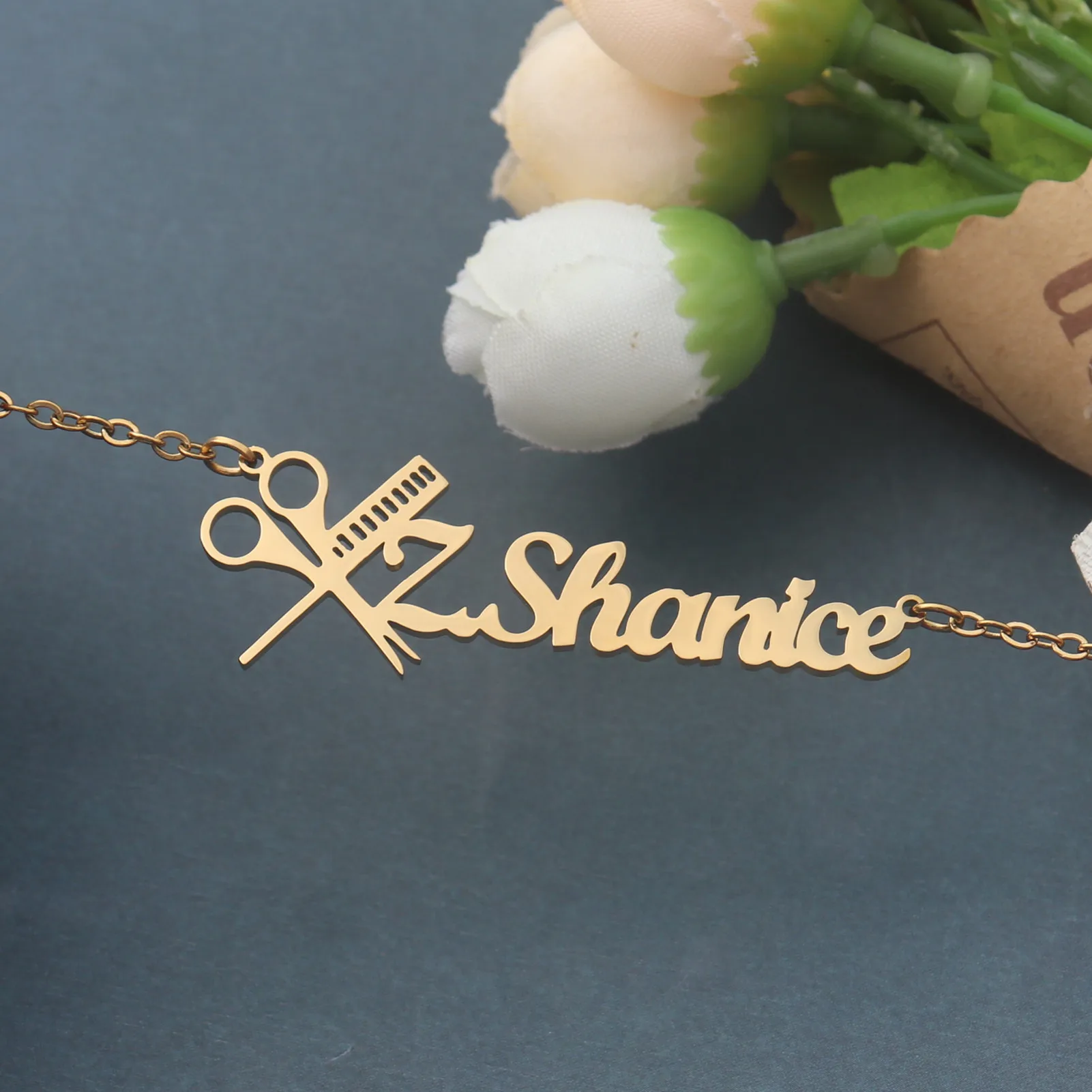 Custom Name Necklace Personalised Stainless Steel Jewelry Chain Customized Scissor Comb Necklaces Hairdresser Gift