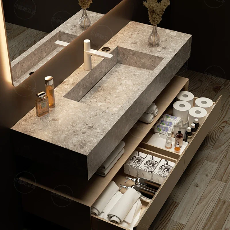 

Minimalist bathroom bathroom cabinet combination terrazzo integrated hand wash basin seamless