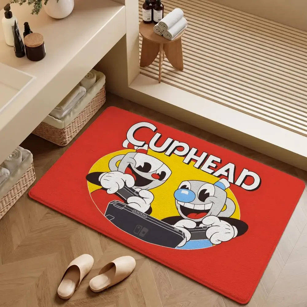 Game C-Cuphead Mugman Devil King Dice Floor Mat Soft Flannel Entrance Doormat Non-Slip Washable Rug Bedroom Kitchen Home Decor