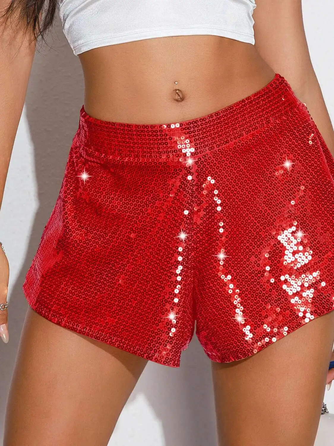 Neue Damen-Shorts mit hoher Taille, Glitzer-Pailletten, elastische Taille, lockere Passform, Hotpants, Club, Party und Performance, Bühnen-Shorts CI2S