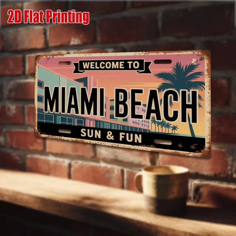 HD Aluminum Metal Sign, Welcome to Miami Beach Vintage License Plate Style Wall Decor, Retro Art Deco Palm Tree Sunset Distresse