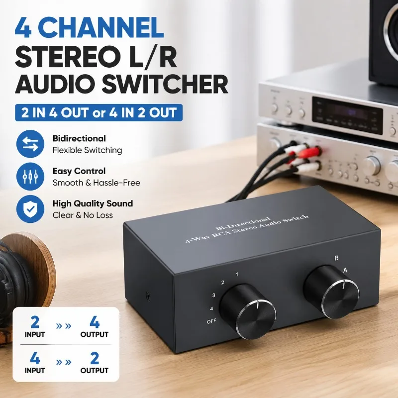 4 Channel Stereo L/R Bidirectional Audio Switcher Support 1 Input 4 Output or 4 Input 1 Output Analog Sound Signal Splitter