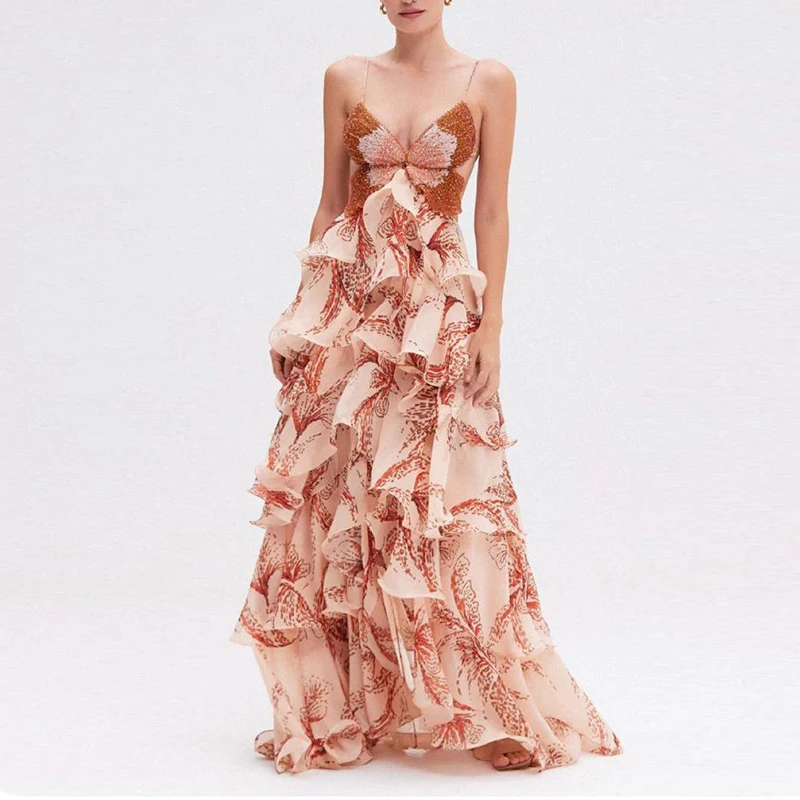 Abiti eleganti a pieghe con volant con stampa a farfalla Abito lungo da donna sexy con scollo a V e allacciatura senza schienale Abito estivo senza maniche scollato Boho