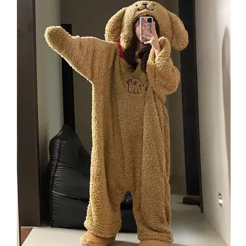 

Одежда для сна, коричневые комбинезоны с большими ушками для собак, пижамы, женские милые коралловые пижамы с героями мультфильмов, осень-зима, теплая цельная домашняя одежда с капюшоном