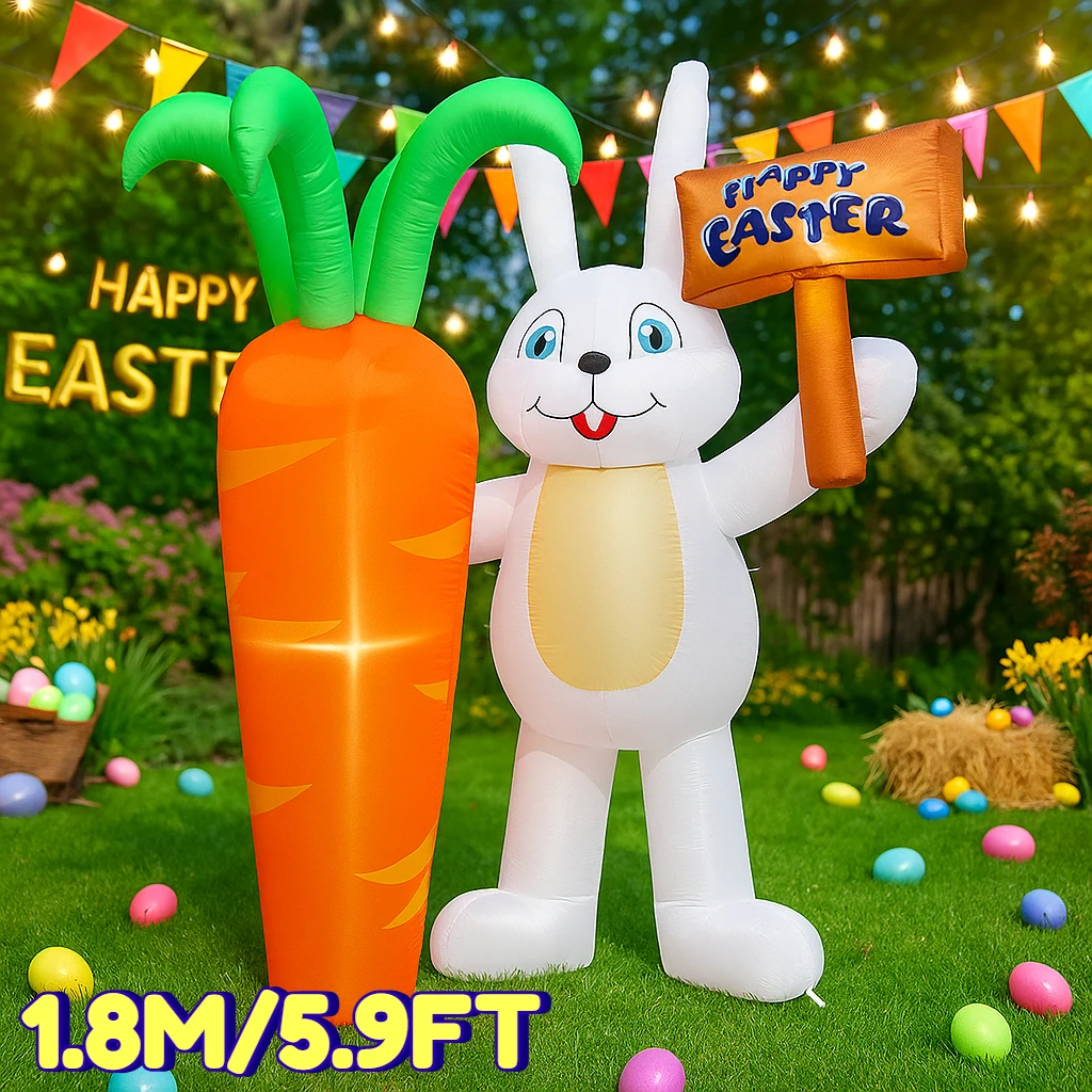 

1.8M/5.9FT Inflatable Toy Easter DIY Decor Holiday Rabbit Sign Holding Carrot Decor Holiday Garden Yard LED Light Ornament Gift