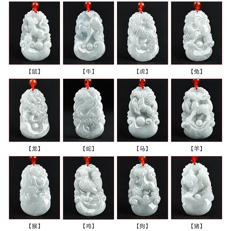 Natural birmânia jade zodíaco mouse vaca tigre coelho dragão cobra cavalo ovelha macaco frango cão porco jadeite pingente encantos jóias