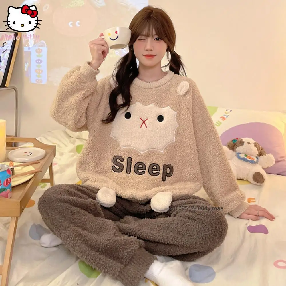 Sanrio süßes Heimkleidungsset, süße Mädchen-Nachtwäsche, langärmelig, Rundhalsausschnitt, Winter, warm, halb flauschig, lässig, Cartoon, Outdoor-Kleidung