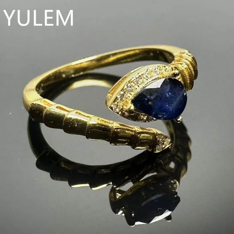 YULEM 4x6mm Pear Natural Sapphire Ring 925 Sterling Silver Gold Plated  Adjustable Open Women Gemstone Ring