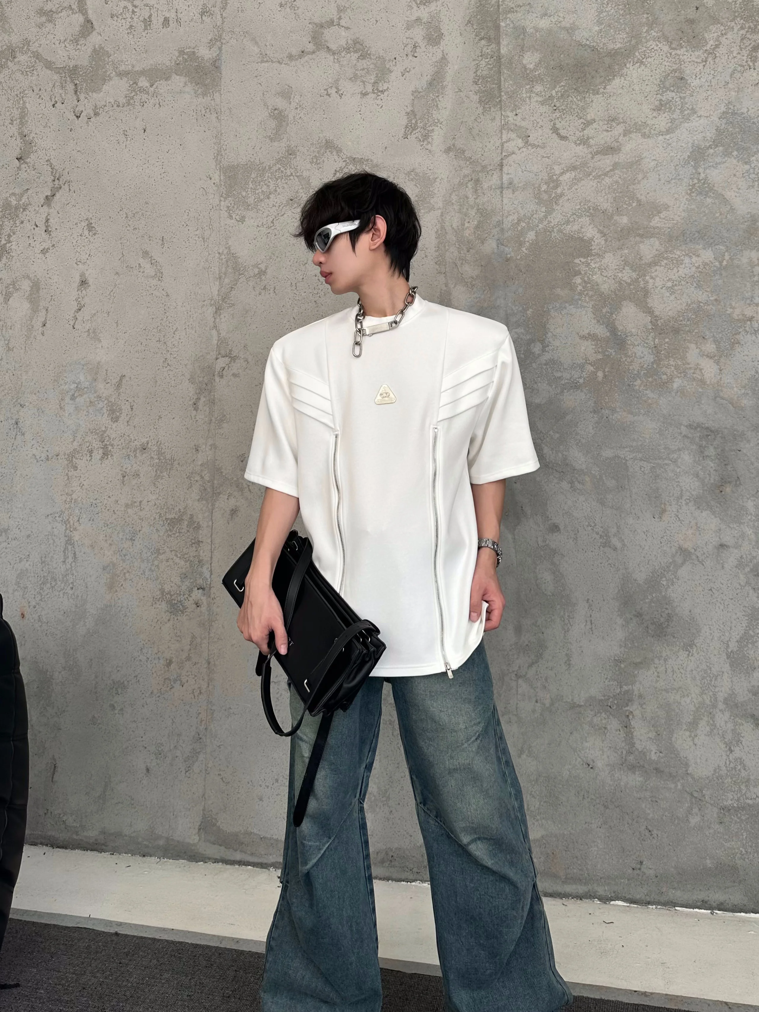 MARTHENAUT Original Casual Loose Short Sleeve T-Shirt with Zipper Shoulder Pad Deconstructed Design for Teen Boys Summer Wear