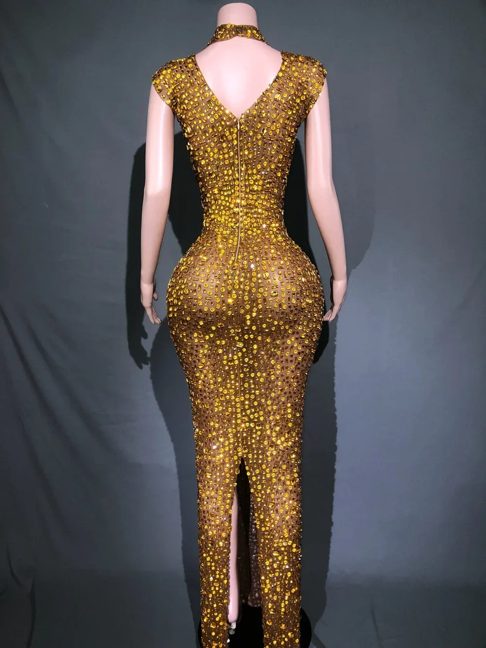 تخصيص الذهب الراين أكمام فستان طويل المرأة مثير شبكة انظر من خلال احتفال مساء حفلة موسيقية عيد ميلاد فستان تبادل لاطلاق النار الصورة