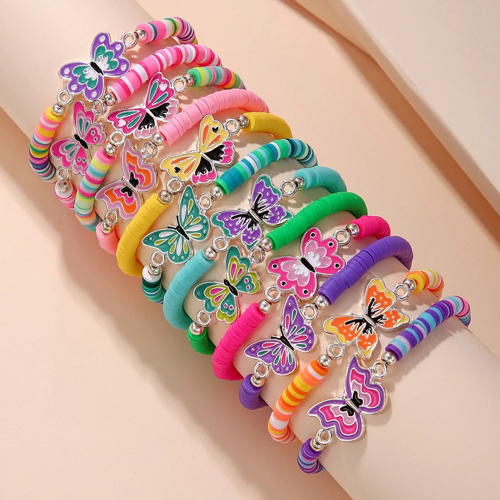 Kids Girls Summer Soft Pottery Bracelet Set Cute Butterfly Elk Hamburger Fries Bangle Fashion Student Jewelry Party Gift