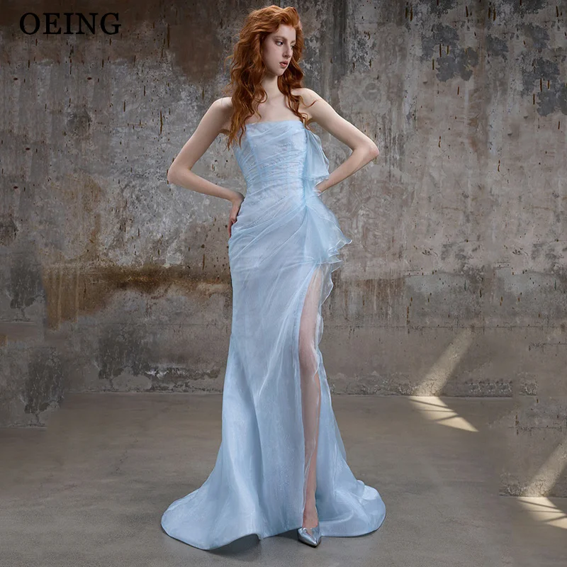 

OEING Elegant Light Blue Mermaid Evening Dresses Strapless Ruched High Slit Organza Prom Dress 2026 Party Dresses Customized