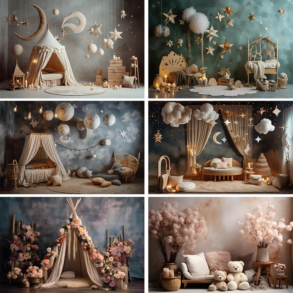 

Photography Background Bohemian Flowers Camp Tent Girls Birthday Party Cake Smash Portrait Decor Backdrop Photo Studio