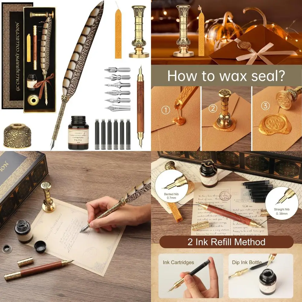 

Elegant Calligraphy Kit: Feather Pen, Dual-Tip Fountain Pen, Stamp, Wax Seal, Holder, Ink Bottle, Cartridges