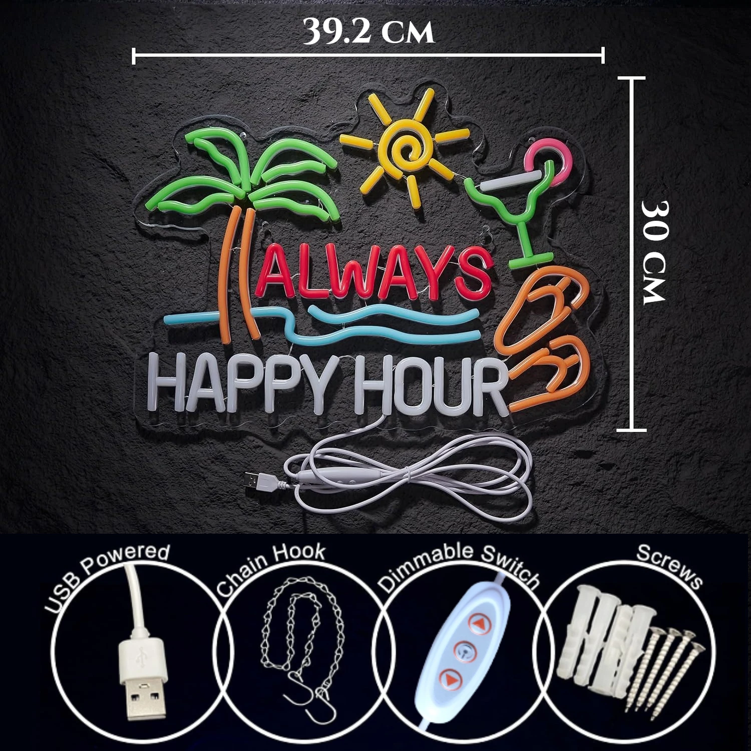 Always Happy Hour Beer Bar Neon Sign – Dimmable USB Wall Décor for Home, Tiki Bar, Man Cave, Parties, Gift