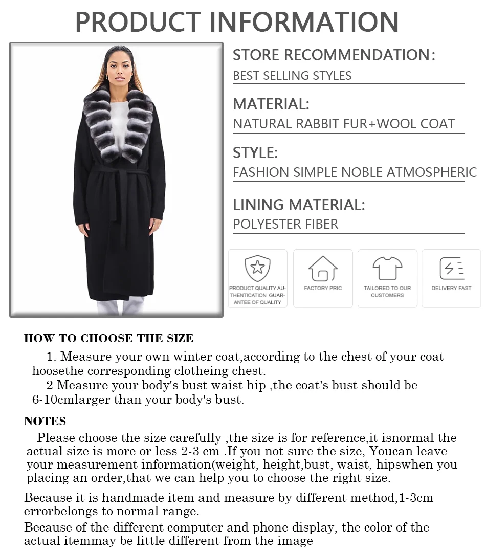 Nuovo cappotto in cashmere da donna misto lana lungo donna inverno nero cincillà Rex pelliccia di coniglio cardigan cappotto