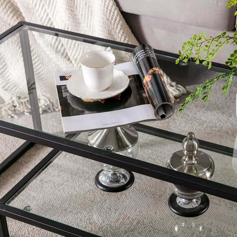 Metal Glass Coffee Table, Black Accent Modern Tempered Glass Side Table, Additional Storage Shelf, for Living Room Home Classy F