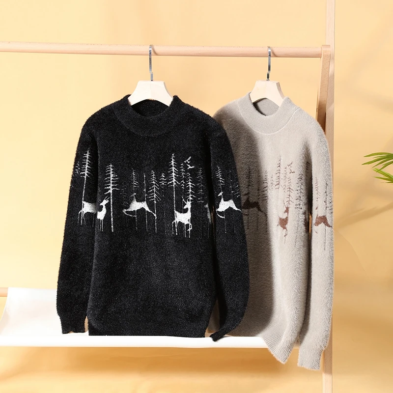 Men's Autumn Winter Long Sleeves Knit Sweater Round Neck Mink Fleece Jacquard Best Seller Pullover Trend Leisure Men's Clothing