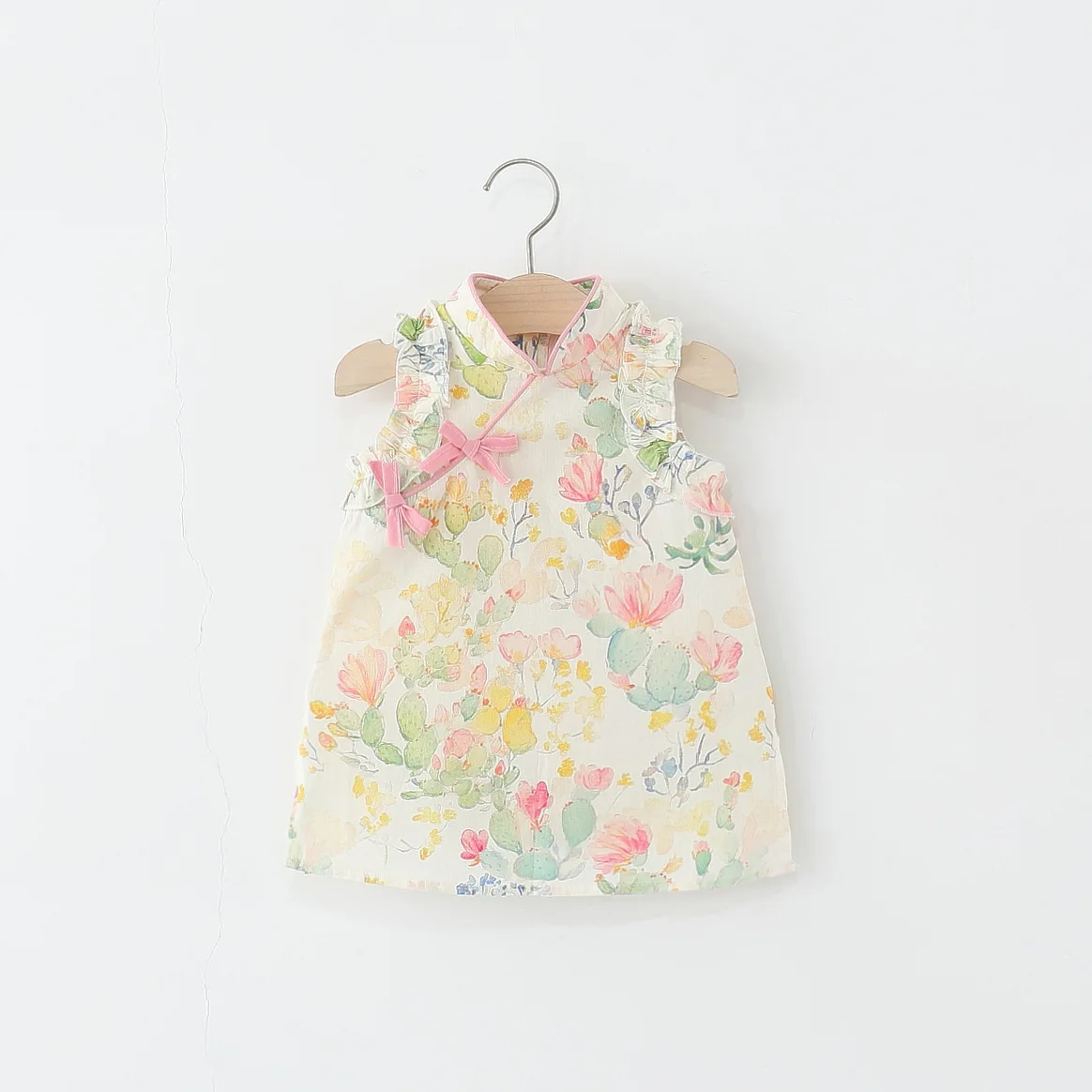 Summer Kids Dresses For Girls China Style Cheongsam Fashion Cute Bow Flowers Print Sleeveless Cotton Toddler Princess Dress B150
