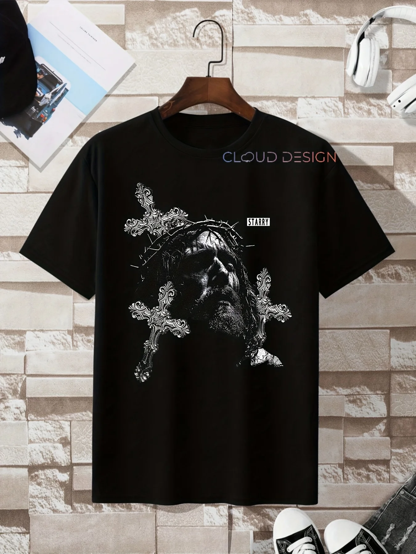 [Kaos Grafis] Kaus Mahkota Duri Yesus Uniseks 100% Katun & Cetak Silang |   1 buah pakaian jalanan grafis hitam/putih berukuran besar,