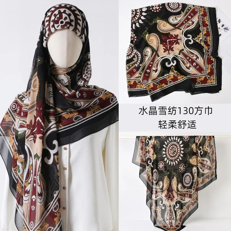 130 سنتيمتر كبير حريري الشيفون وشاح شال التفاف عقال ، الأزهار طباعة الأشعة فوق البنفسجية حماية خفيفة الوزن النساء التبعي