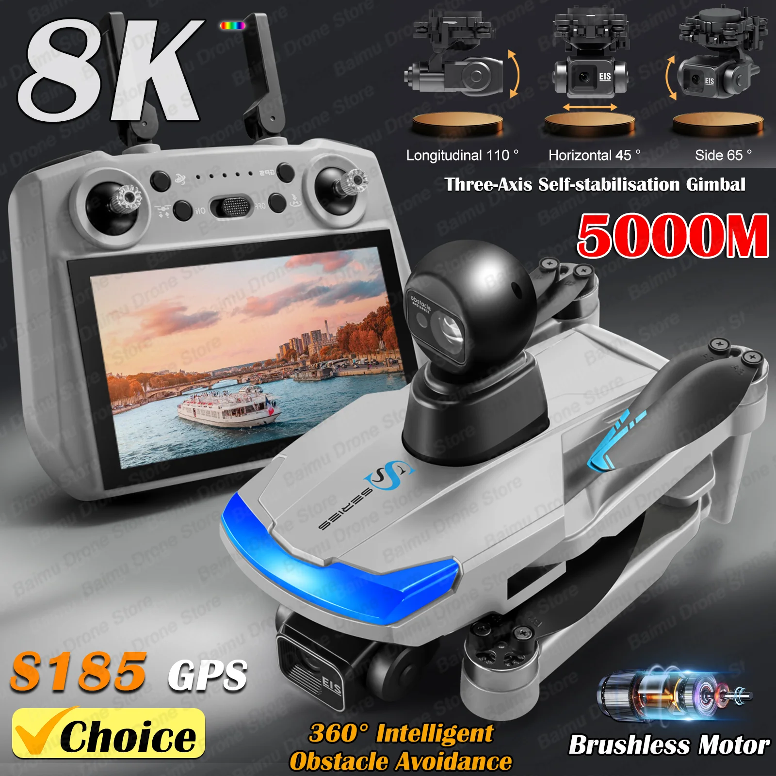 2025 New 7.2inch Screen Remte Control S185 Drone Real 2.7K HD Camera 3-Axis Gimbal 5G WiFi GPS Obstacle Avoidance Brushless Dron