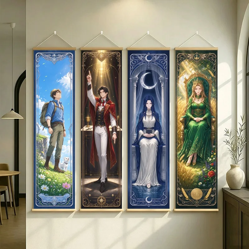 Anime Fantasy Characters Hanging Scroll with Blue Red White and Green Outfits in Ornate Illustrated Scenes for a Reading Nook