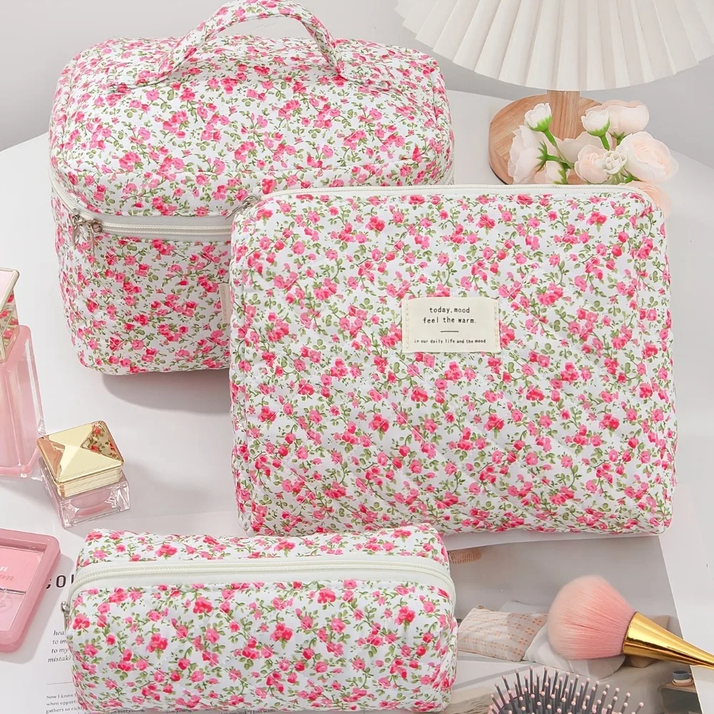 

3PCS/Set Pink Flower Women's Clutch Bag Toiletry Makeup Tool Storage Pouch Portable Tote Travel Quilting Cosmetic Bag Handbag