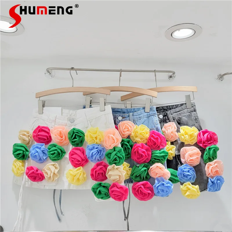 

2024 Women's Summer Colorful Three-Dimensional Flower Irregular Denim Short Skirt Slimming A- Line Anti-Exposure Sheath Skirts