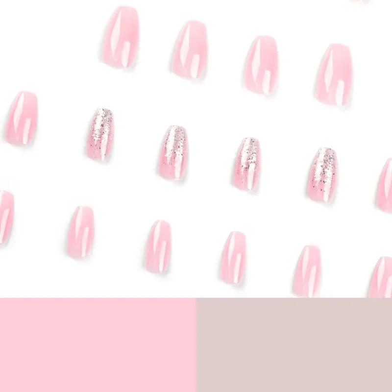 24 Uds. Juego de uñas postizas de Ballet baratas con purpurina y gradiente blanco y rosa con pegamento, uñas postizas reutilizables para niñas, venta al por mayor