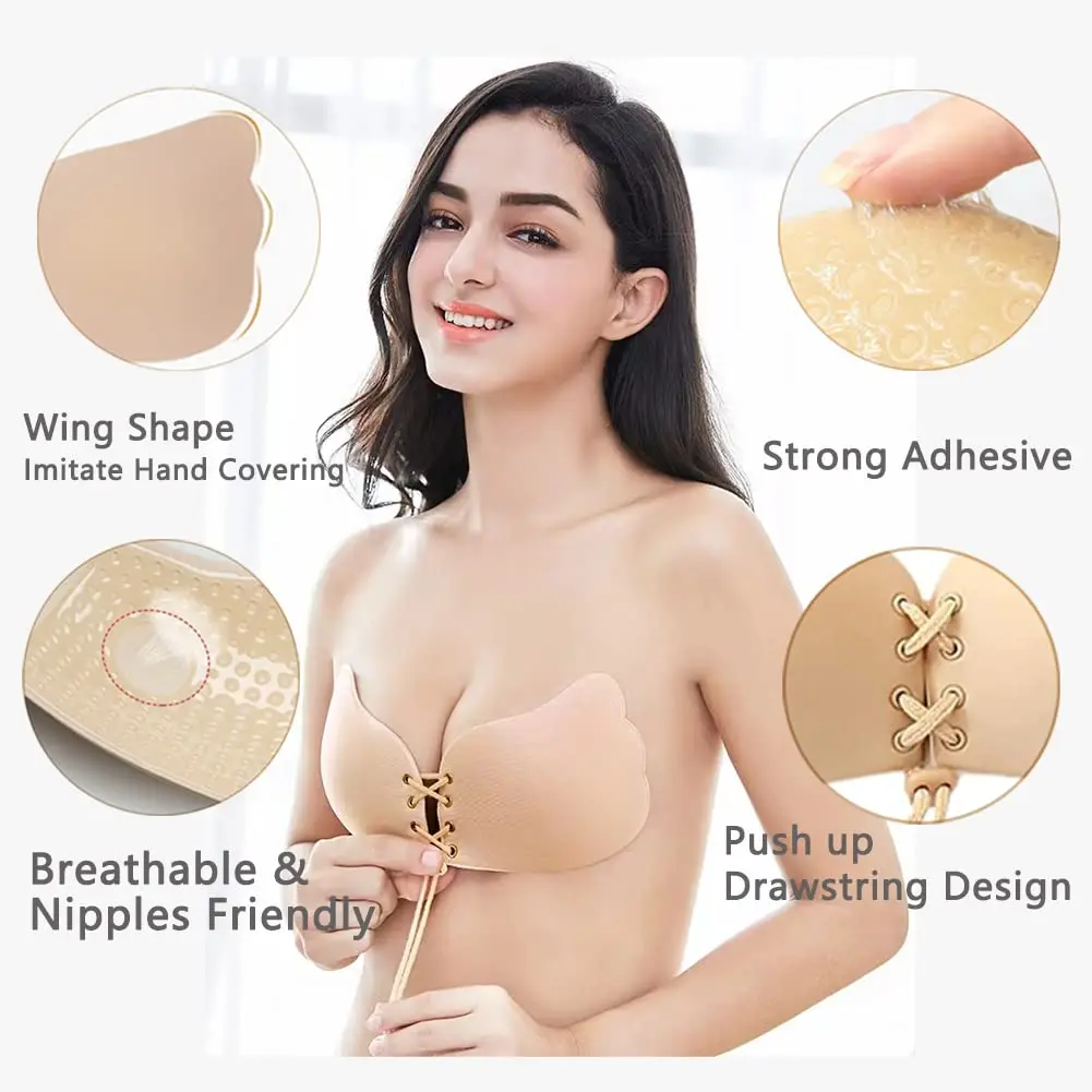 

Big Size S Women's Invisible Strapless Bra Lace-Up Silicone Adhesive Gel Push-Up Stick-On Backless Comfortable Fit Bra