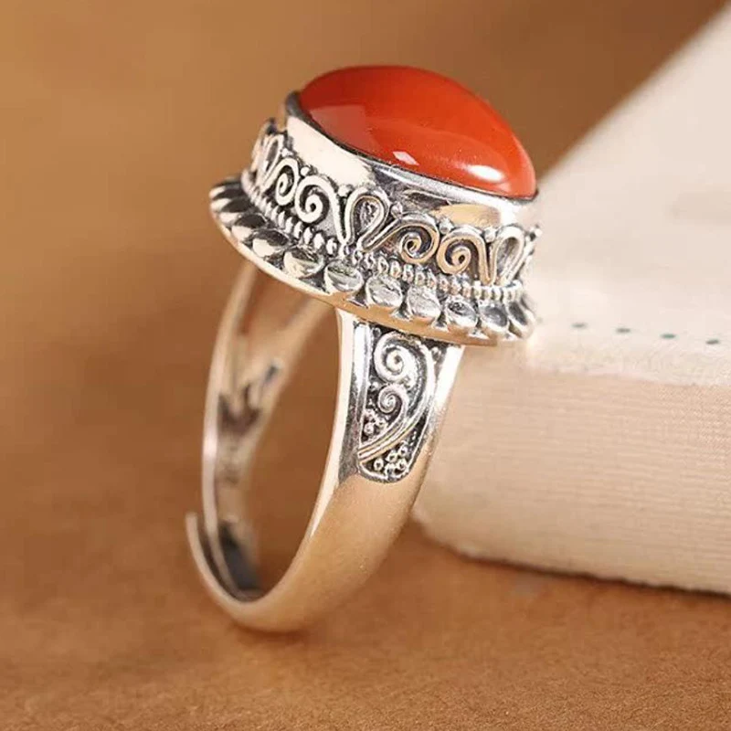 Thai Silver Retro Southern Red Agate Ring For Female Simple Versatile Personalized Square Ring Ancient Style Finger Jewelry