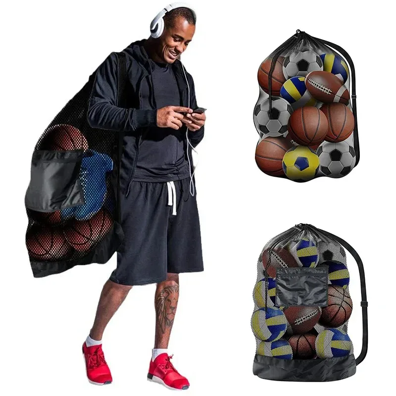 

Large Mesh Ball Bag Drawstring Bag for Storage Soccer Basketball Volleyball Training Bags Black Sports Bag with Shoulder Straps