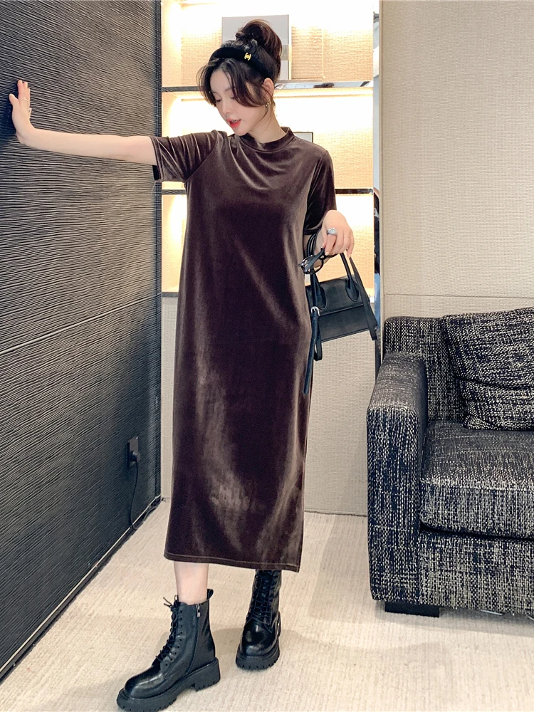 NYFS 2024 Autumn Winter New Korea Woman Dress Vestidos Robe Elbise Loose Plus Size Short Sleeve Gold Velvet Long Dresses