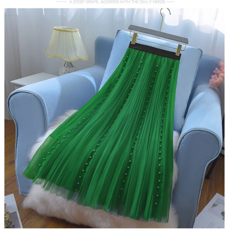 

Pin bead gauze skirt women spring and autumn season 2023 new solid high waist medium length hanging style long skirt female