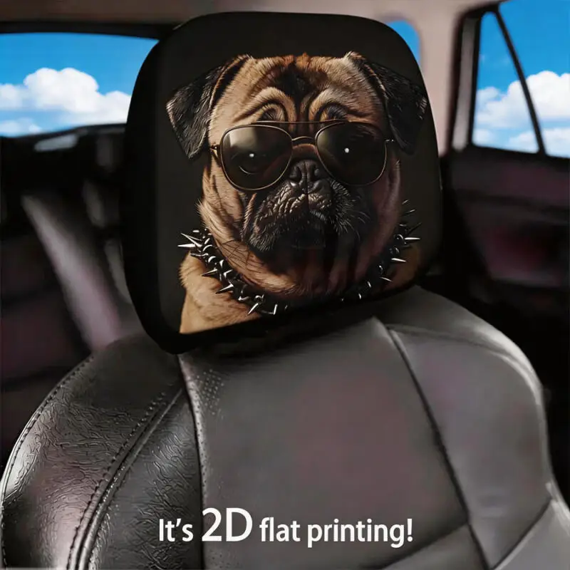 2PCS-Double-Sided Cool Pug Car Headrest Cover - Sunglasses Spiked Collar Dog Headrest Protector Universal