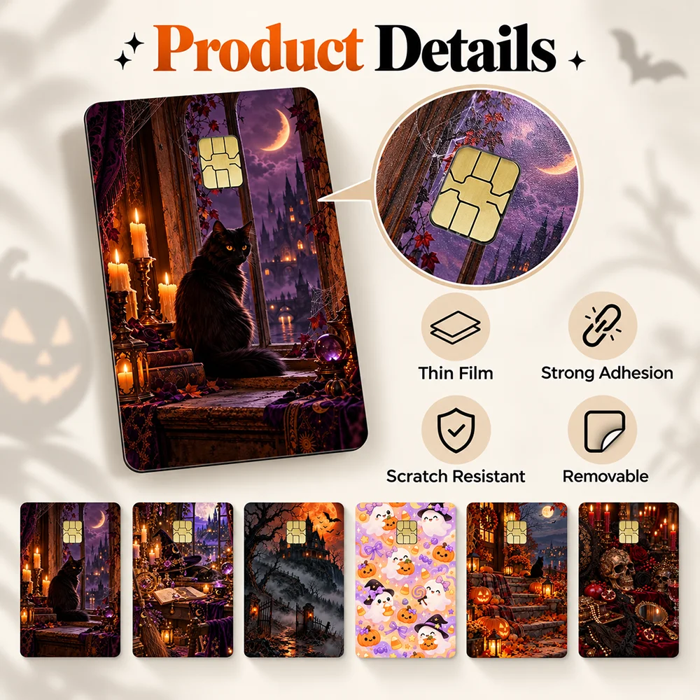 Magical Witch Chip Card Sticker Purple Castle Crystal Ball Candlelight Fantasy Halloween Bank Card Skin For Unique Daily Style