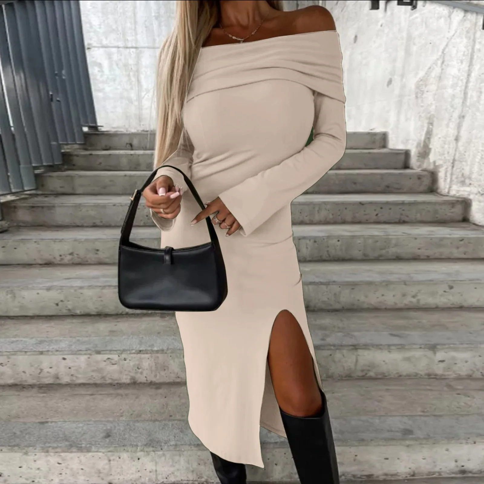 

Women Sexy Split Slim Fit Party Dress Elegant Off Shoulder Solid Midi Dress Spring New Slash Neck Long Sleeve Daily Office Dress