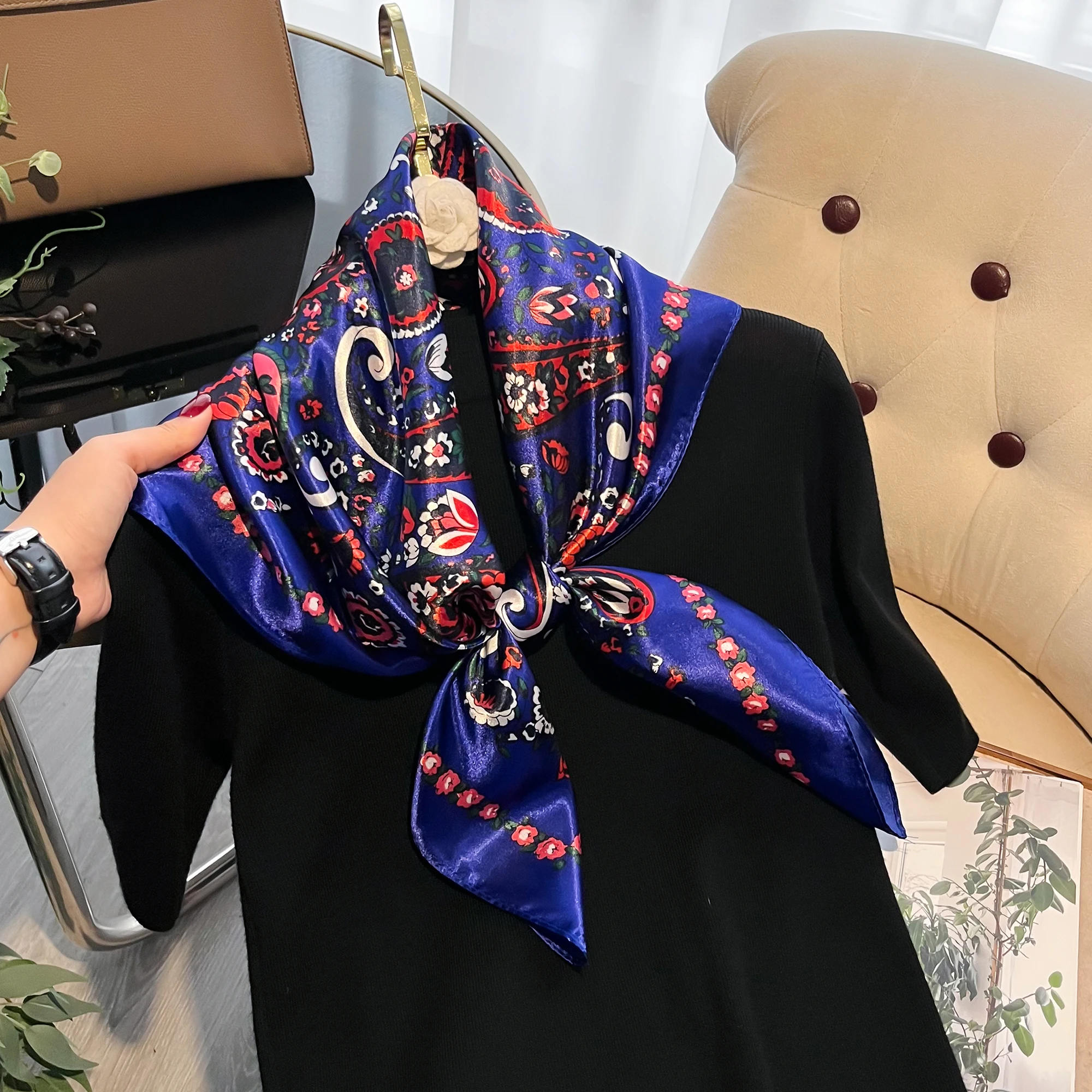 Luxury Silk Feeling Square Scarf Women 2024 New Print Satin Neckerchief Spring Hair Band Foulard Bandana Echarpe Tie Shawl Wraps