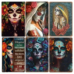 Vintage Mexican Skull Flower Plaque Wall Metal Tin Sign Art Painting Gothic Pictures Abstract Home Decor for Living Room Kitchen