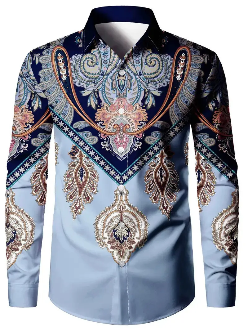 

Fashionable 3D printed retro ethnic print design pattern men's slim fit shirt men's lapel shirt slim fit button long sleeved shi